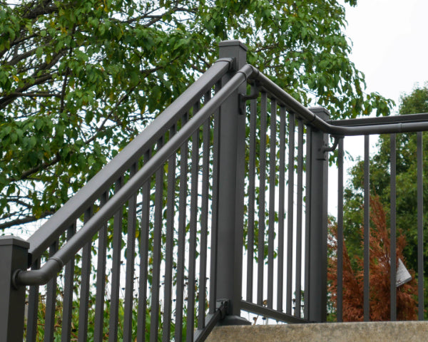 Bronze Aluminum Front Porch Handrail with side grab rail attached DekPro Prestige Railing and graspable handrail make for the best winter railing, very durable and easy to hold on to as you walk up the steps.