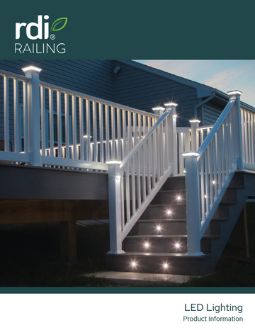 Railing system with LED lighting on a deck at night, featuring rdi Railing logo.