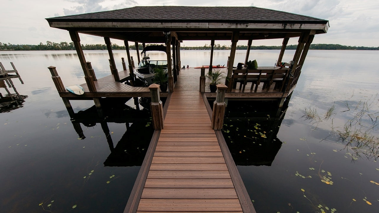 Envision composite decking by tamko on Dock Walk Way Leading to Decked Gazebo all decking is Envision Capped Composite