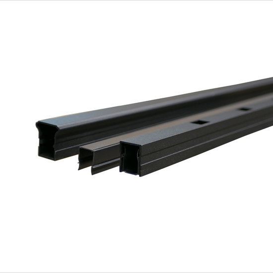 profiles of top and bottom rail with top rail insert between top rail shown on left, and bottom rail (with insert inserted) on the right