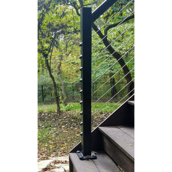 Feeney Quick Connect Stair Post Kit for DesignRail Kits black at base of stairs bottom of stairs