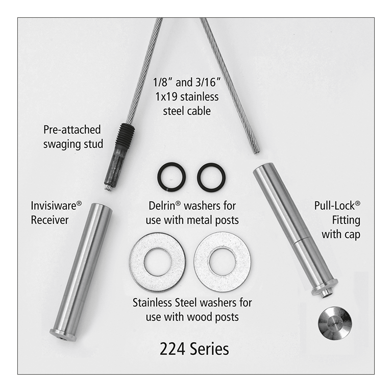 What is included with series 224 RailFX cabl kits are invisiware receiver, pull lock fitting with cap, stainless steel cable wire preswaged to stud and washers