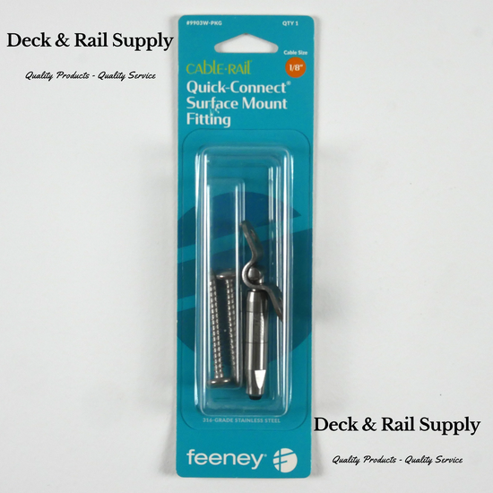 Feeney 9903 Fixed Surface Mount Quick-Connect Fitting attaches to wood surfaces and allows for a large angle range. Install the fitting with bracket vertical for stair railing, or install bracket horizontal for level angle swivel railing.