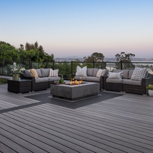 Ashood legacy deck with espresso inlay and fire pit with beautiful deck city overlook