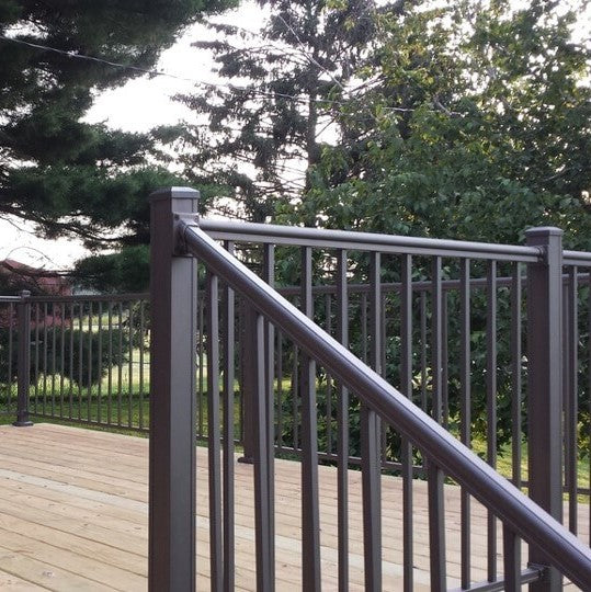 Outlook KeyLink bronze aluminum handrail guardrail level railing transition to stair rail